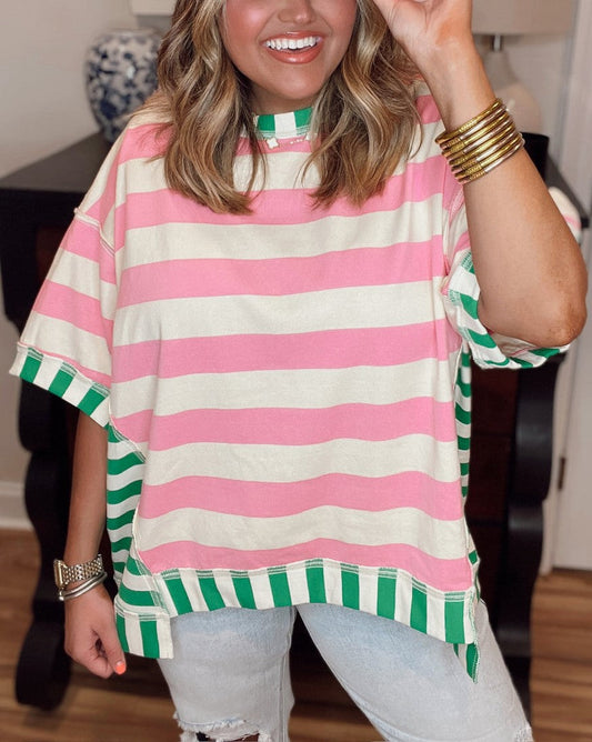 2024 Neues Oversized T-Shirt mit gemischten Streifen (2 kaufen, kostenloser Versand)